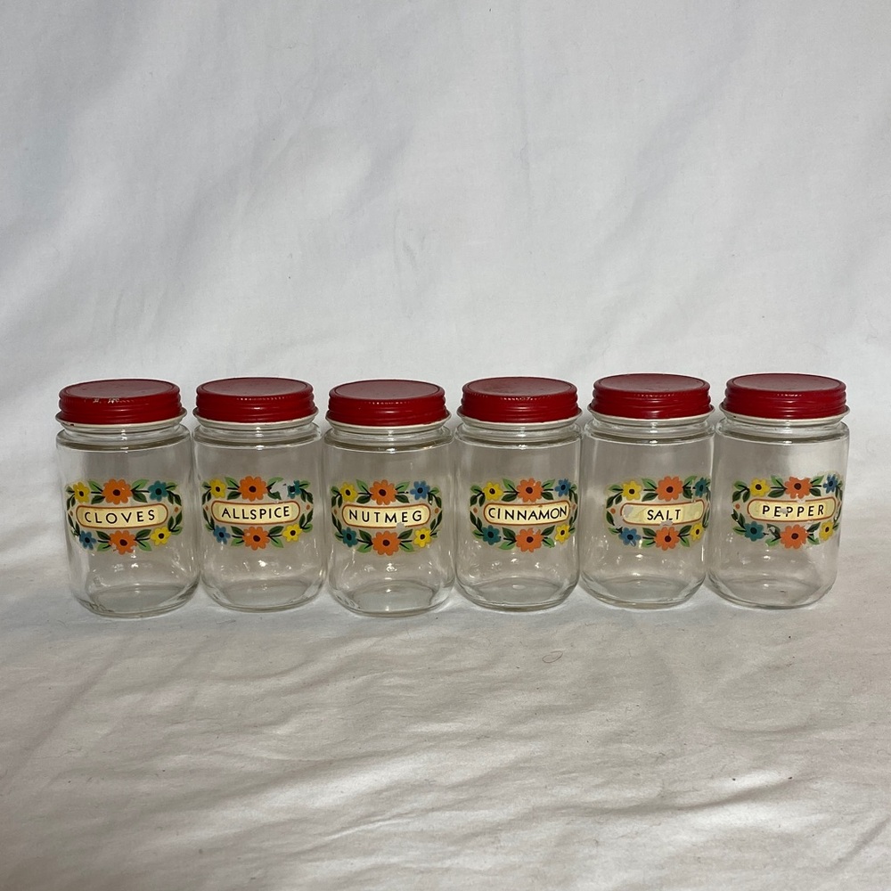 Vintage Set of 6 Glass Spice Jars with Red Metal Lids